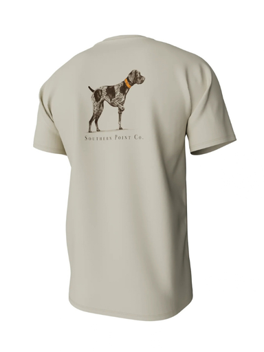 cream tee with a pointer dog on the back with a orange collar 