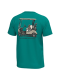 teal shirt with dog and golf cart