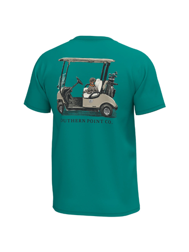 teal shirt with dog and golf cart