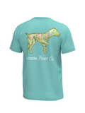 blue color shirt with dog shaped golf course on back 