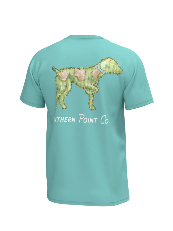 blue color shirt with dog shaped golf course on back 