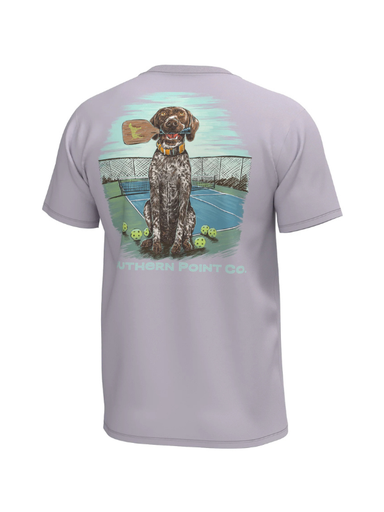 dog with pickleball on purple shirt 