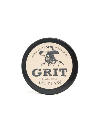 Beard balm container labeled 'Grit Outlaw' 