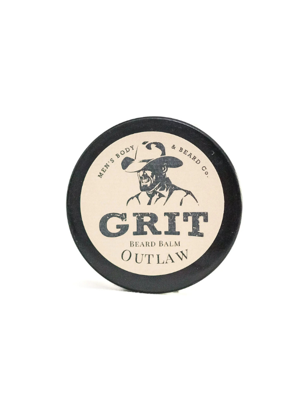 Beard balm container labeled 'Grit Outlaw' 