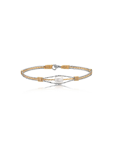 Silver and gold wire bracelet with a pearl center bead by Ronaldo, a timeless piece that can be worn for years to come 