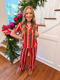 green, pink, red striped pj set 