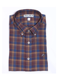 wine, blue and yellow plaid long sleeve button down polo