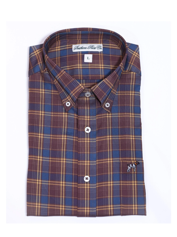 wine, blue and yellow plaid long sleeve button down polo