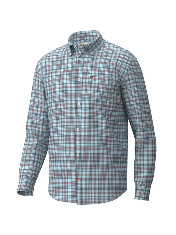 teal and wine color plaid long sleeve button down polo 