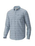a men's button-down shirt by Anderson & Root Co. featuring a blue and white gingham check pattern, a classic collar, and a small embroidered logo on the left chest pocket.