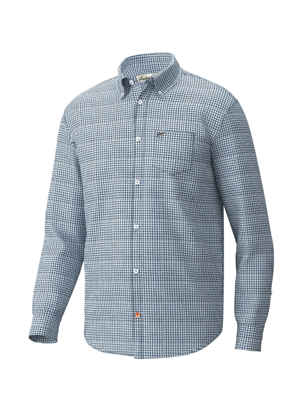 a men's button-down shirt by Anderson & Root Co. featuring a blue and white gingham check pattern, a classic collar, and a small embroidered logo on the left chest pocket.