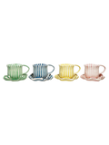 Cream striped coffee mugs with a matching ruffle rest
