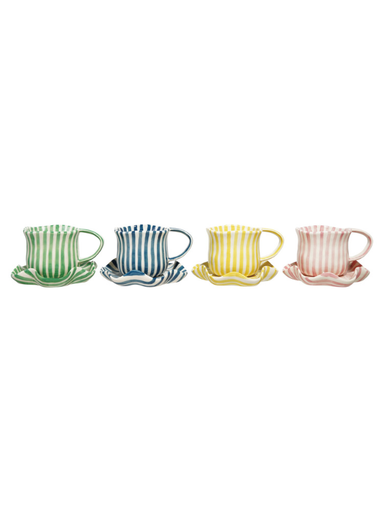 Cream striped coffee mugs with a matching ruffle rest