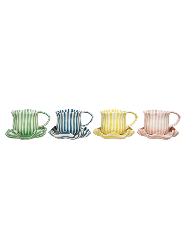 Cream striped coffee mugs with a matching ruffle rest