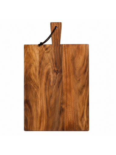 A rectangular wooden serving board with a built-in handle and a black hanging cord