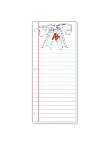 Notepad with a decorative bow and red letter 'A+' 