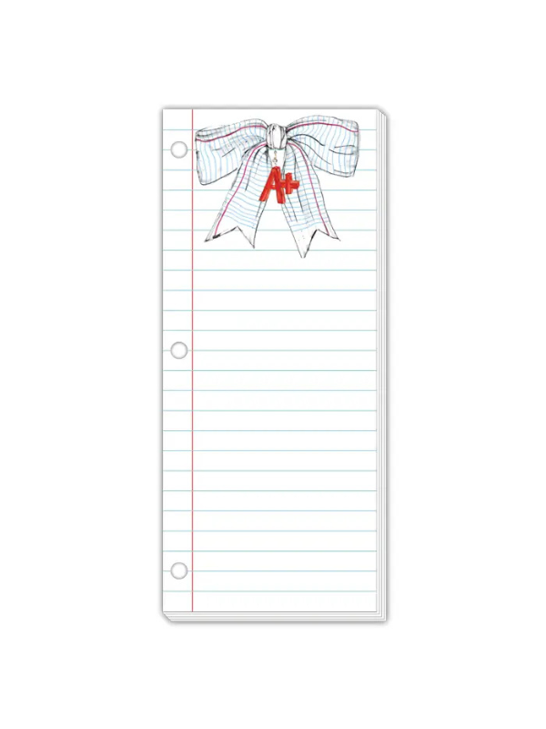 Notepad with a decorative bow and red letter 'A+' 