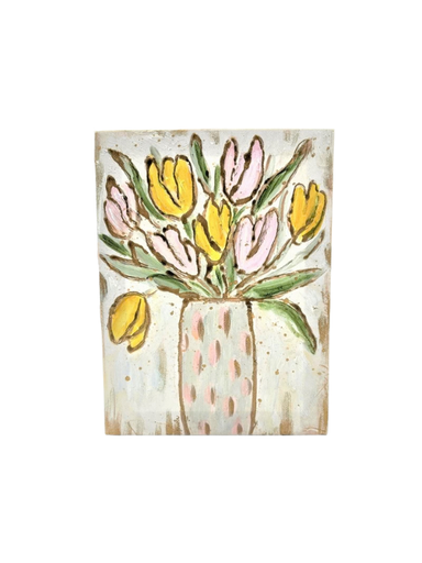 Painting of a vase with pink and yellow tulips on a canvas