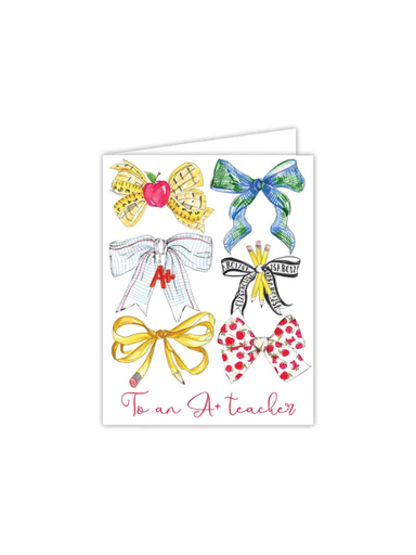 Greeting card with colorful bows and 'To an A+ teacher' text on a white background