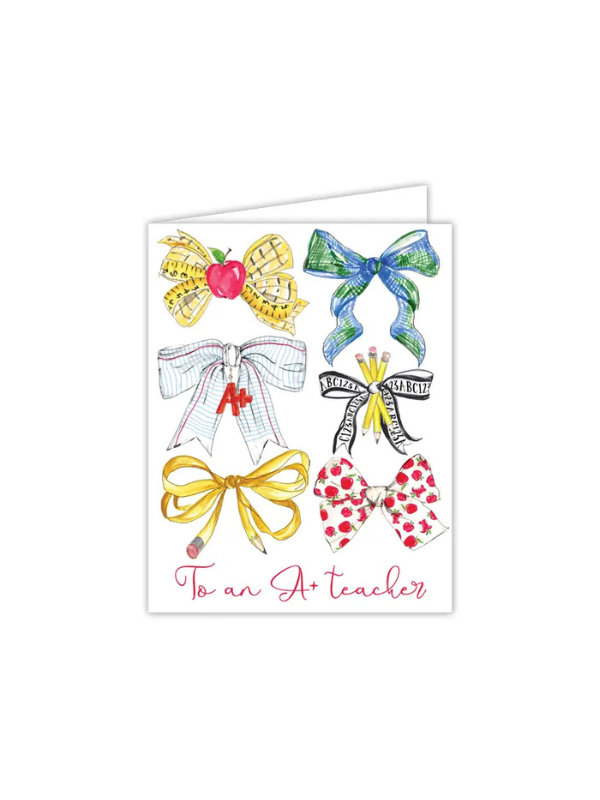 Greeting card with colorful bows and 'To an A+ teacher' text on a white background