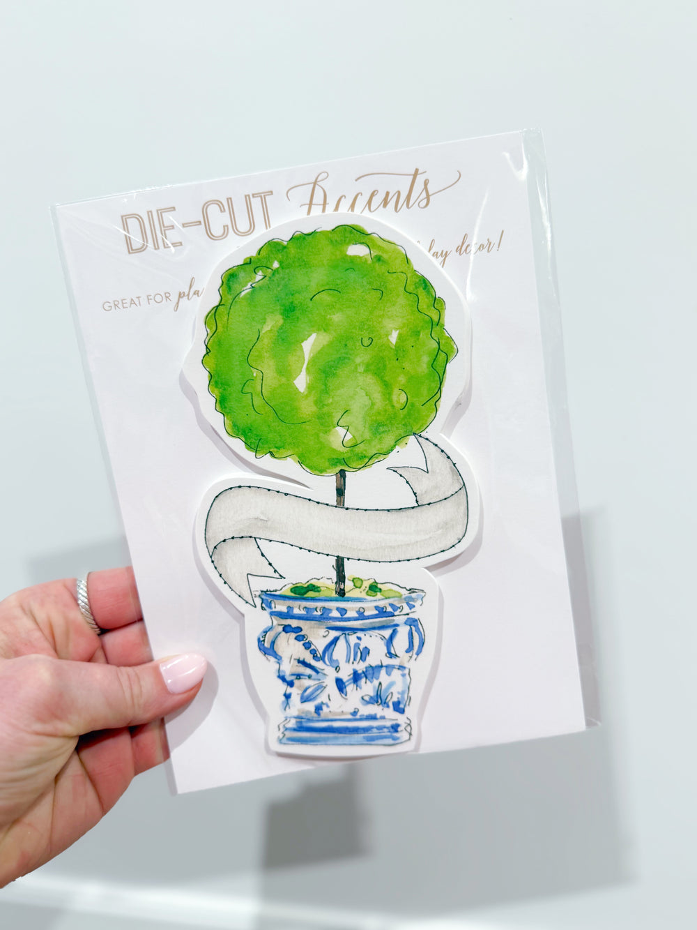 Handpainted Topiary In Blue Vase Die-Cut Accents Place Card