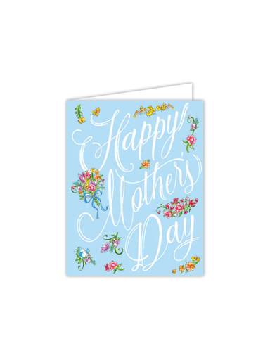 Greeting card with 'Happy Mother's Day' text and floral decorations on a light blue background