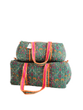 green, orange and pink large quilted duffle bag 