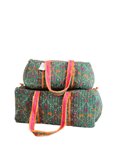 green, orange and pink large quilted duffle bag 