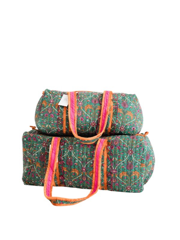 green, orange and pink large quilted duffle bag 