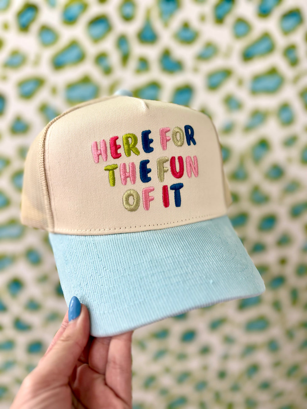 Here for the Fun of It Vintage Trucker Hat colorful corduroy blue trendy cap