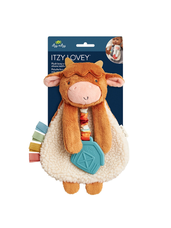 A plush textured lovey with a silicone teether 