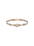 Gold bracelet with a central pearl on a white background
