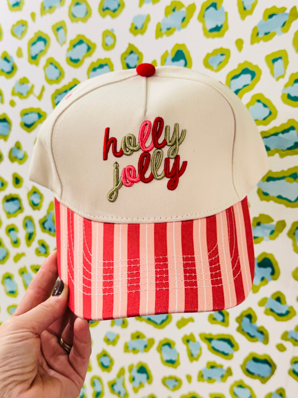 pink and green cursive holly jolly hat 