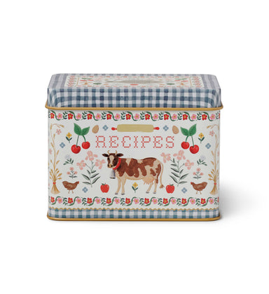 cow and blue plaid tin box for recipes 
