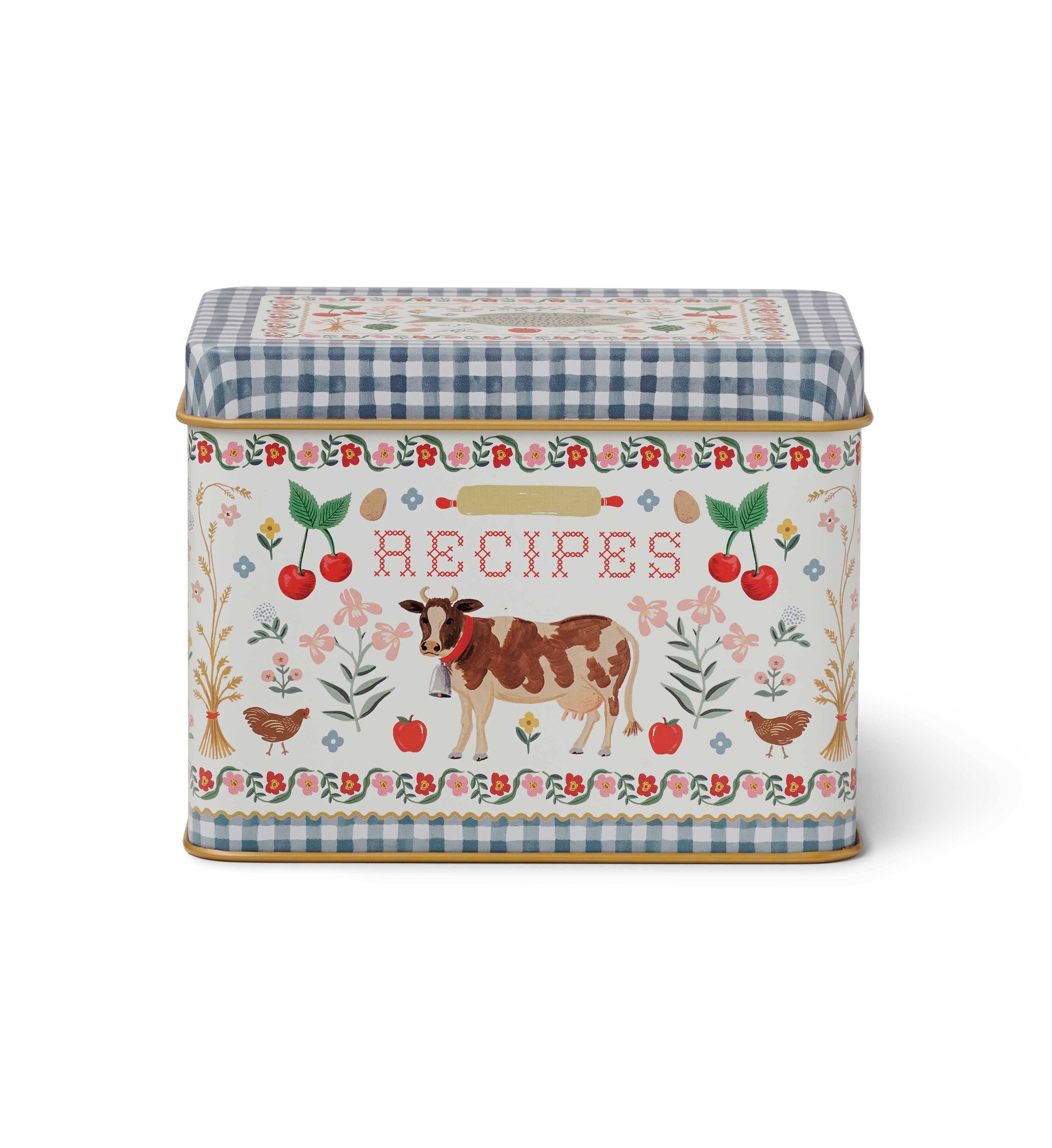 cow and blue plaid tin box for recipes 
