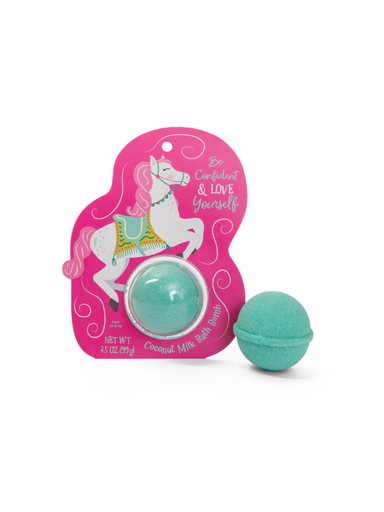 A teal bath bomb in packing that says "Be confident & love yourself"