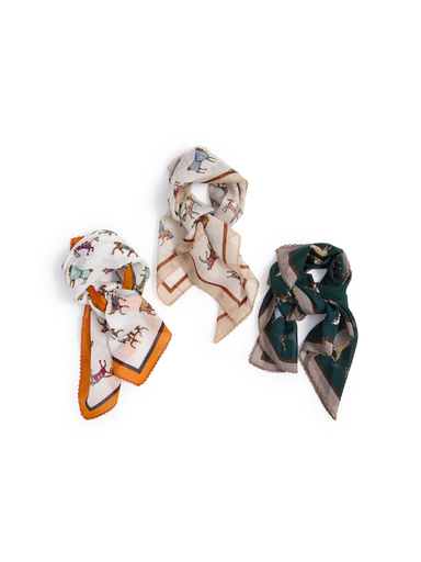 cotton scarf with horse pattern and lace trim