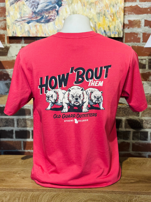 three dogs on a red tee saying how bout them dawgs