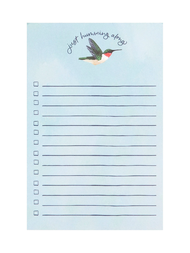 Notepad with a hummingbird illustration and text on a light blue background