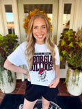 This white tee features an oversized Georgia Bulldogs graphic in red and black, complete with the bulldog mascot and “Hunker Down” across the top.
