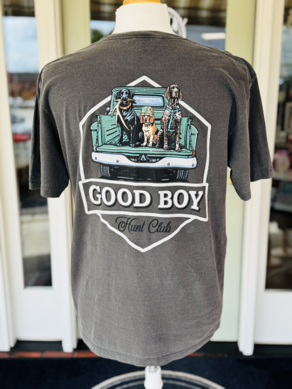 truck with dogs in it on gray tee