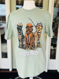 3 dogs in hunter gear on green tee
