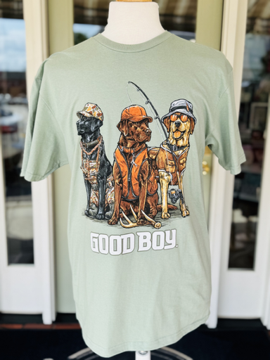 3 dogs in hunter gear on green tee