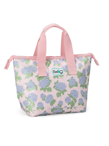 Floral-patterned tote bag with pink handles on a white background