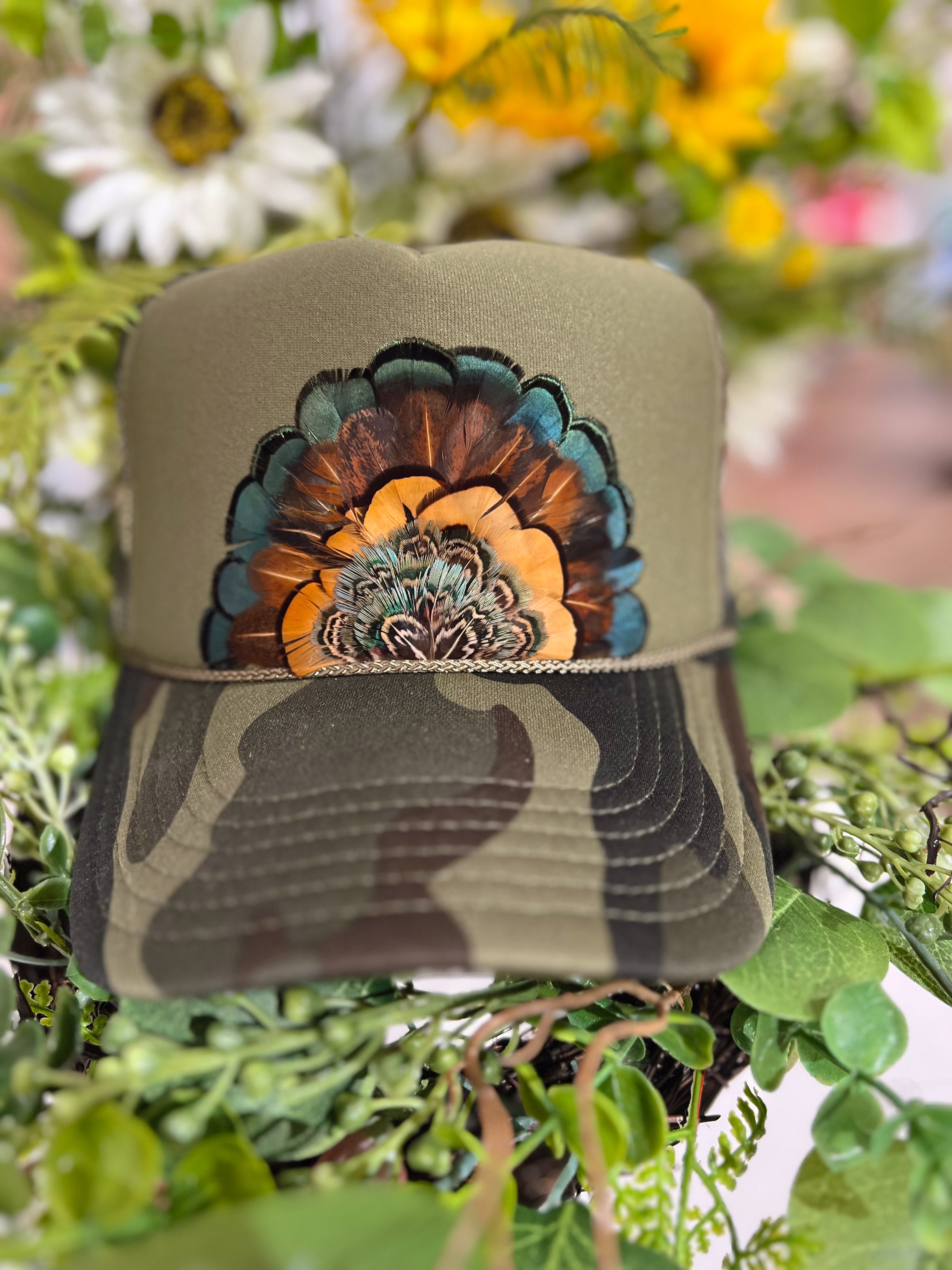 The Madeline Olive Green/Camo Feathered Trucker Hat