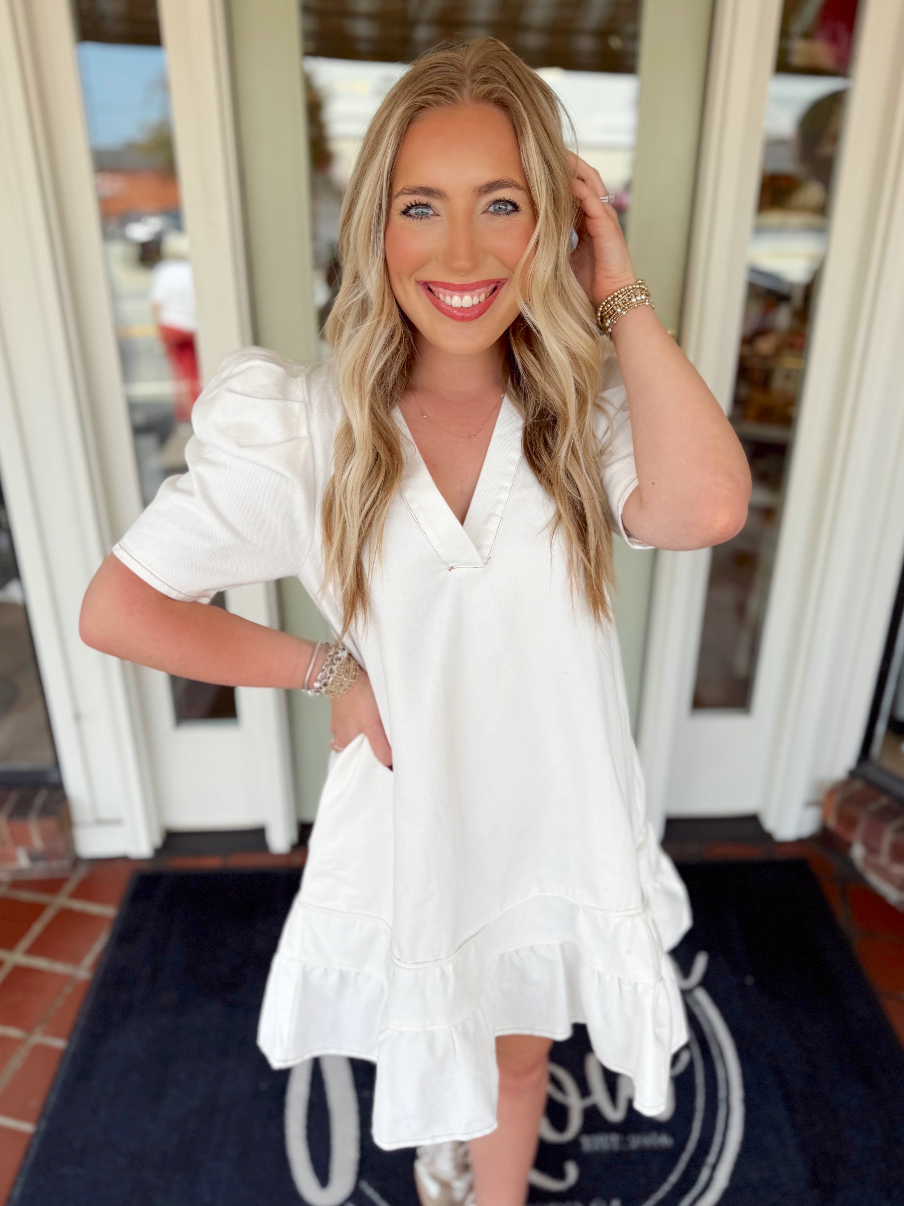 Denim V-Neck Ruffle Bottom Dress By Karlie