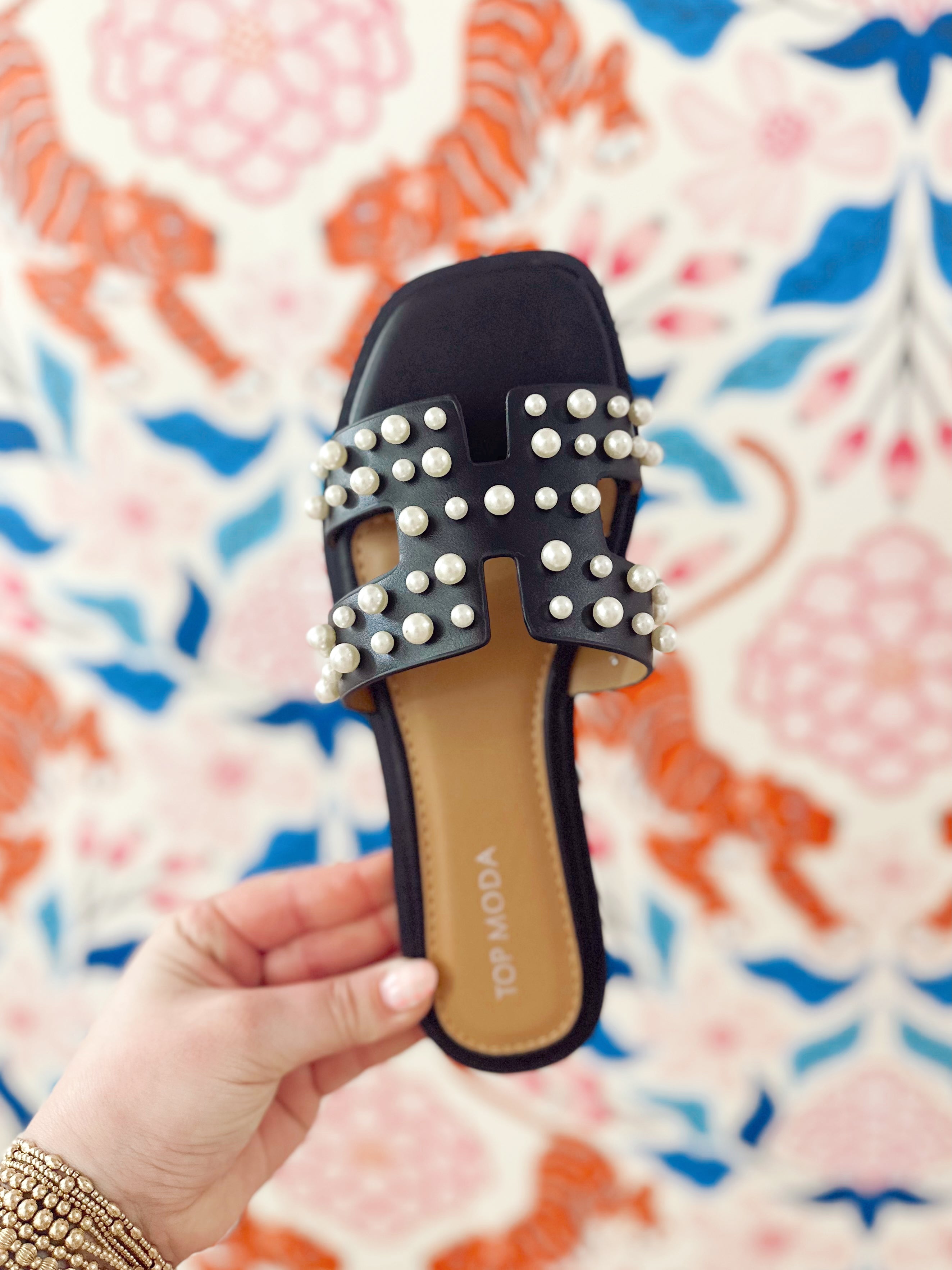 Black Cut Out Sandal With Pearl Embellishments
