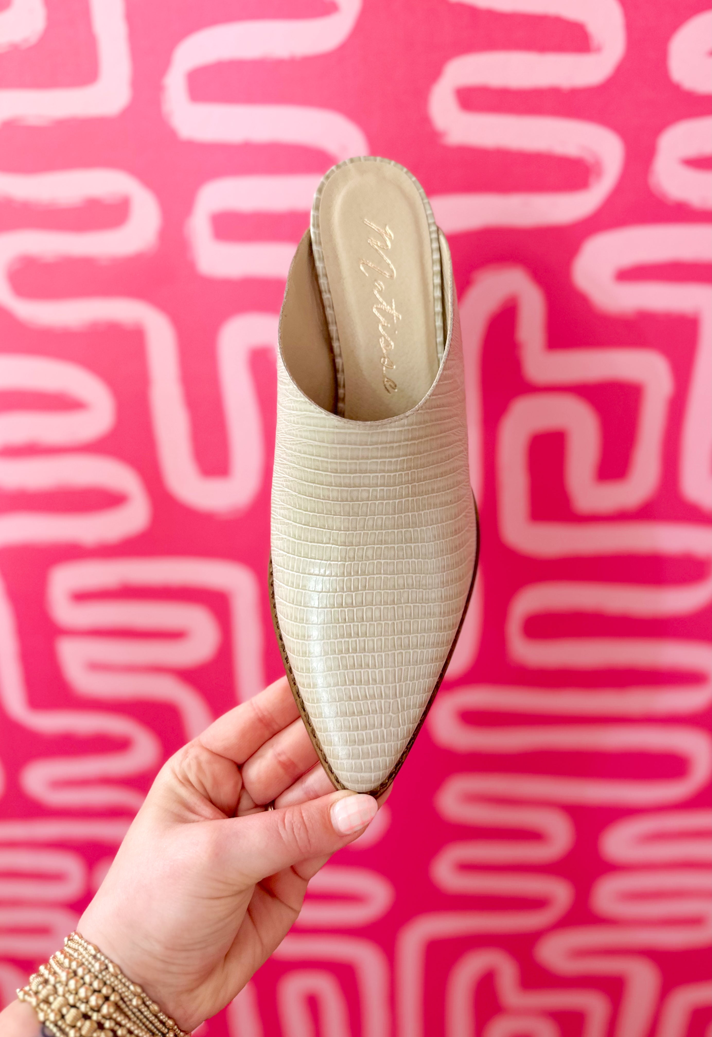 Cammy Pointed Toe Mule in Beige Lizard by Matisse