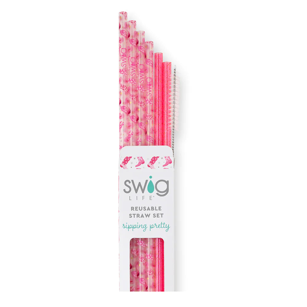 Let’s Go Girls Pink Glitter Reusable Straw Set by Swig Life
