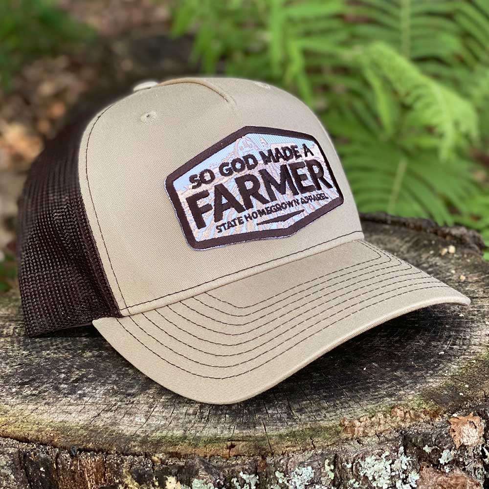 So God Made a Farmer Trucker Hat in Khaki/Brown by State Homegrown